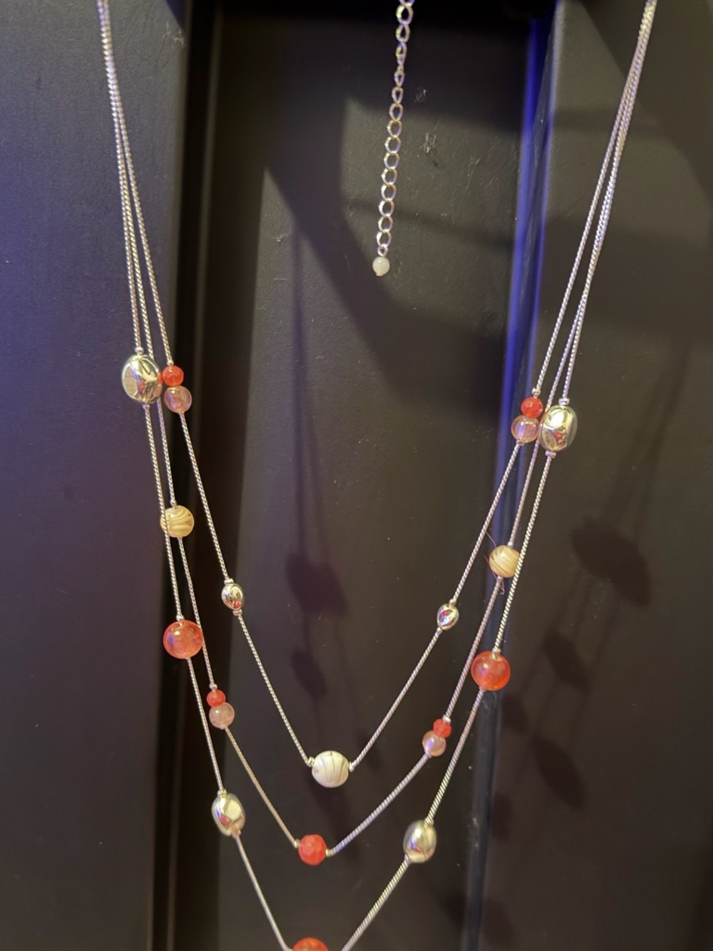 Avon Multi-Strand Silver-Tone Necklace with Red and Cream Beads